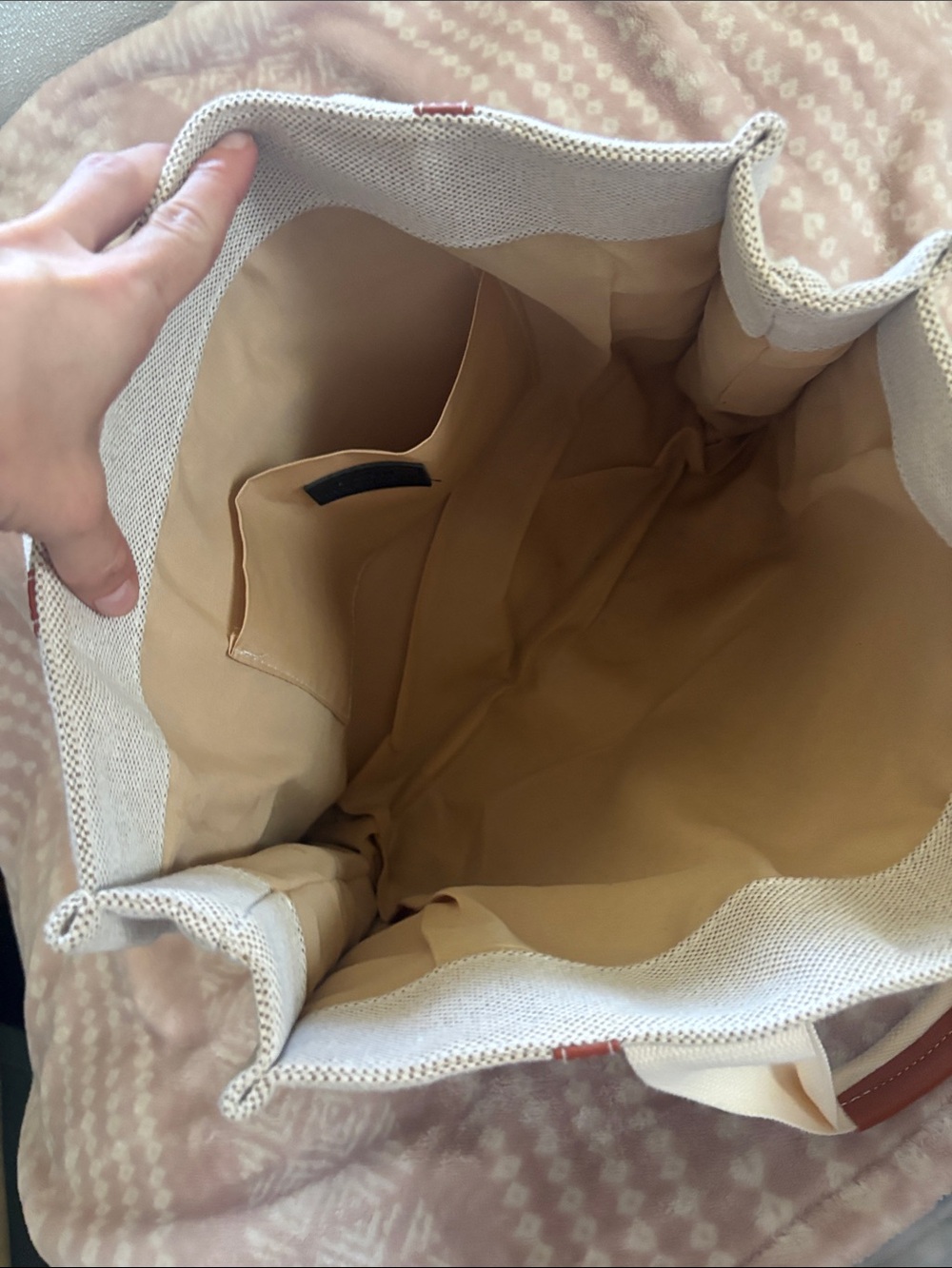 Beige Canvas Tote Bag with Brown Trim - Picture 4 of 5